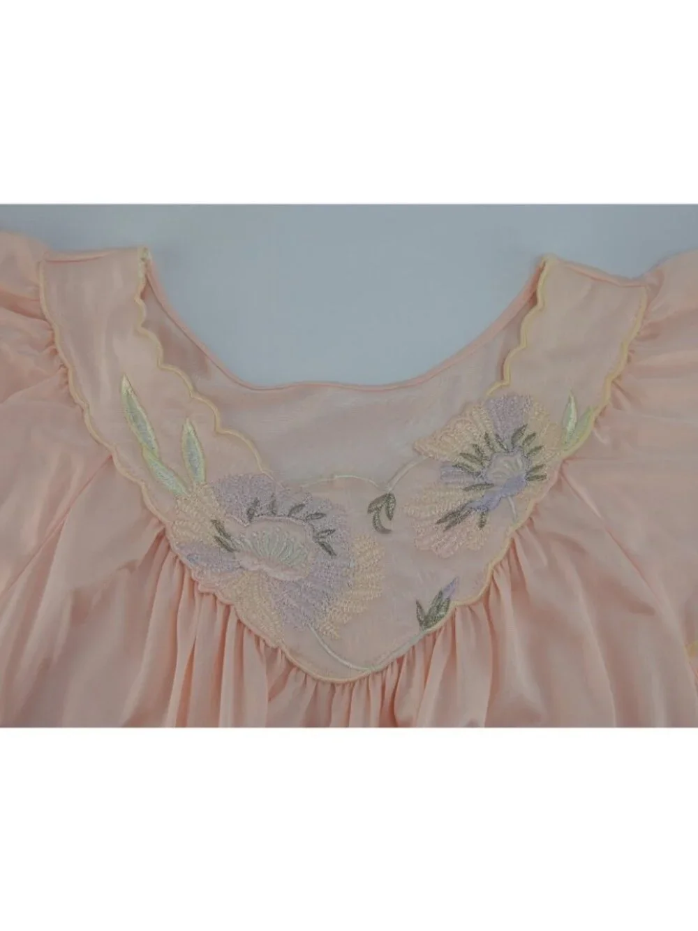 Vintage Shadowline Pink Embroidered Flutter Sleeve Nightgown Med USA Made Soft - Picture 3 of 13